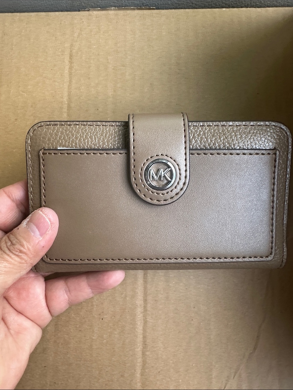 Michael Kors Brown Taupe Leather Wallet Card Case with MK Snap
